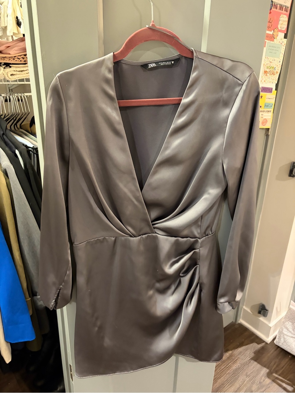 Zara Satin Deep V-Neck Long Sleeve Dress in Charcoal Gray